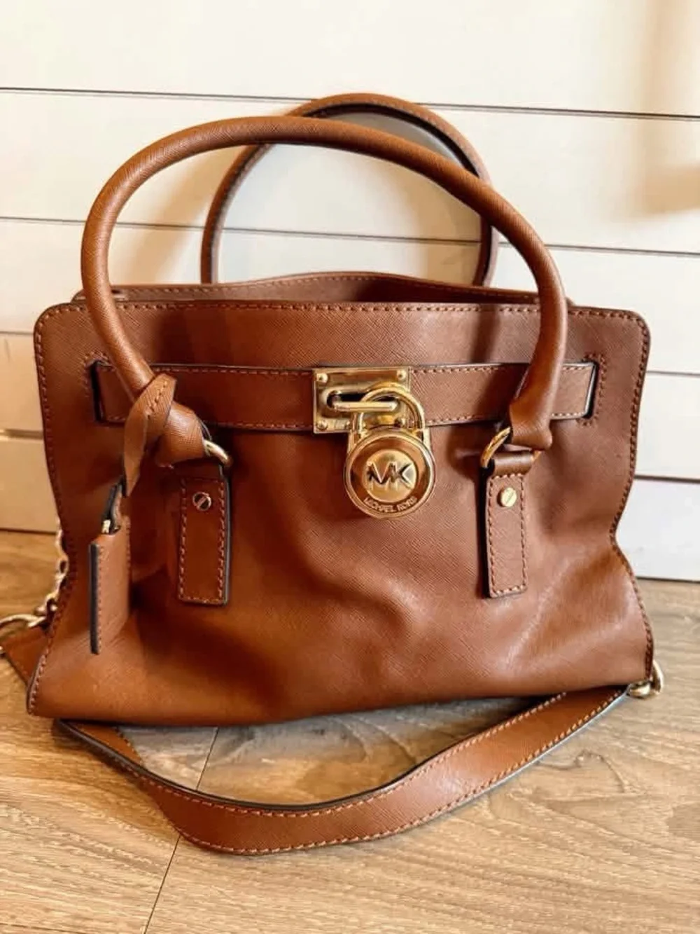 Michael Kors Cognac Leather Satchel with Gold-Tone Lock